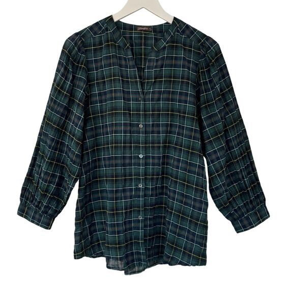 J. McLaughlin Megyn Plaid Cotton Poplin Shirt Crinkled Button Up 3/4 Sleeve Med - Picture 2 of 11
